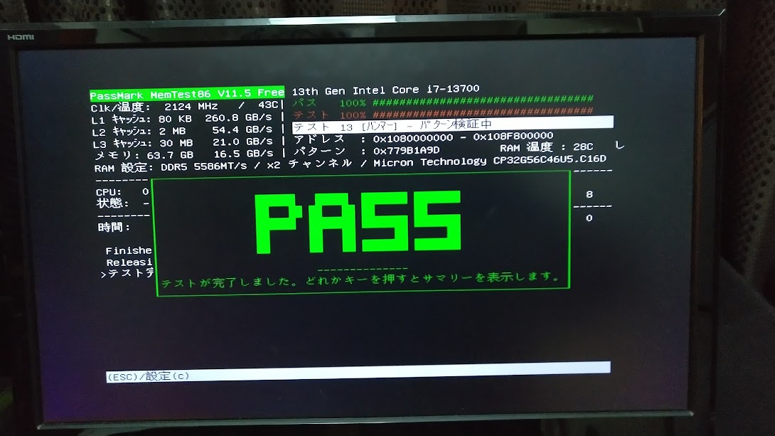 MemTest86によるメモリ動作テスト合格画面
